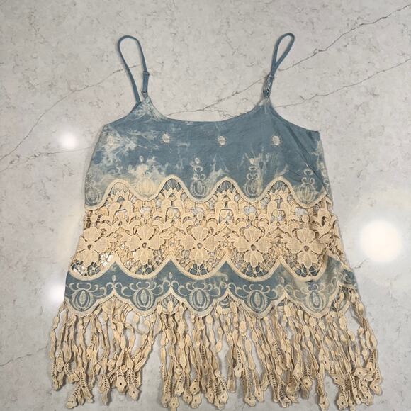 Boho Fringe Lace Tank Women's Large Festival Coachella Concert Country Cottage - Picture 7 of 14